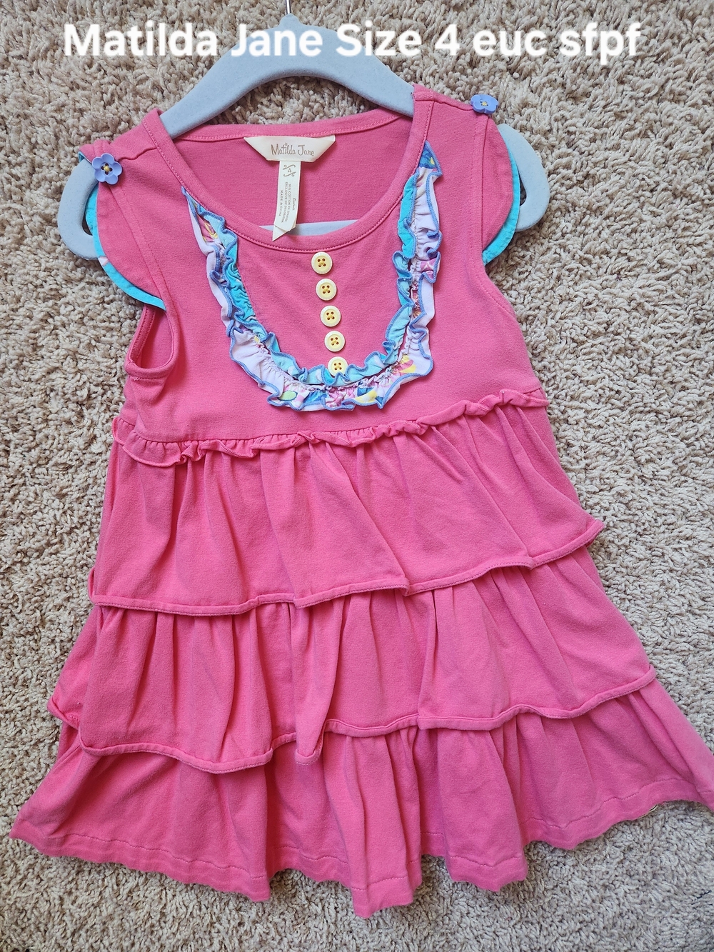 Matilda Jane Pink Tiered Ruffle Dress with Blue Trim & Yellow Buttons